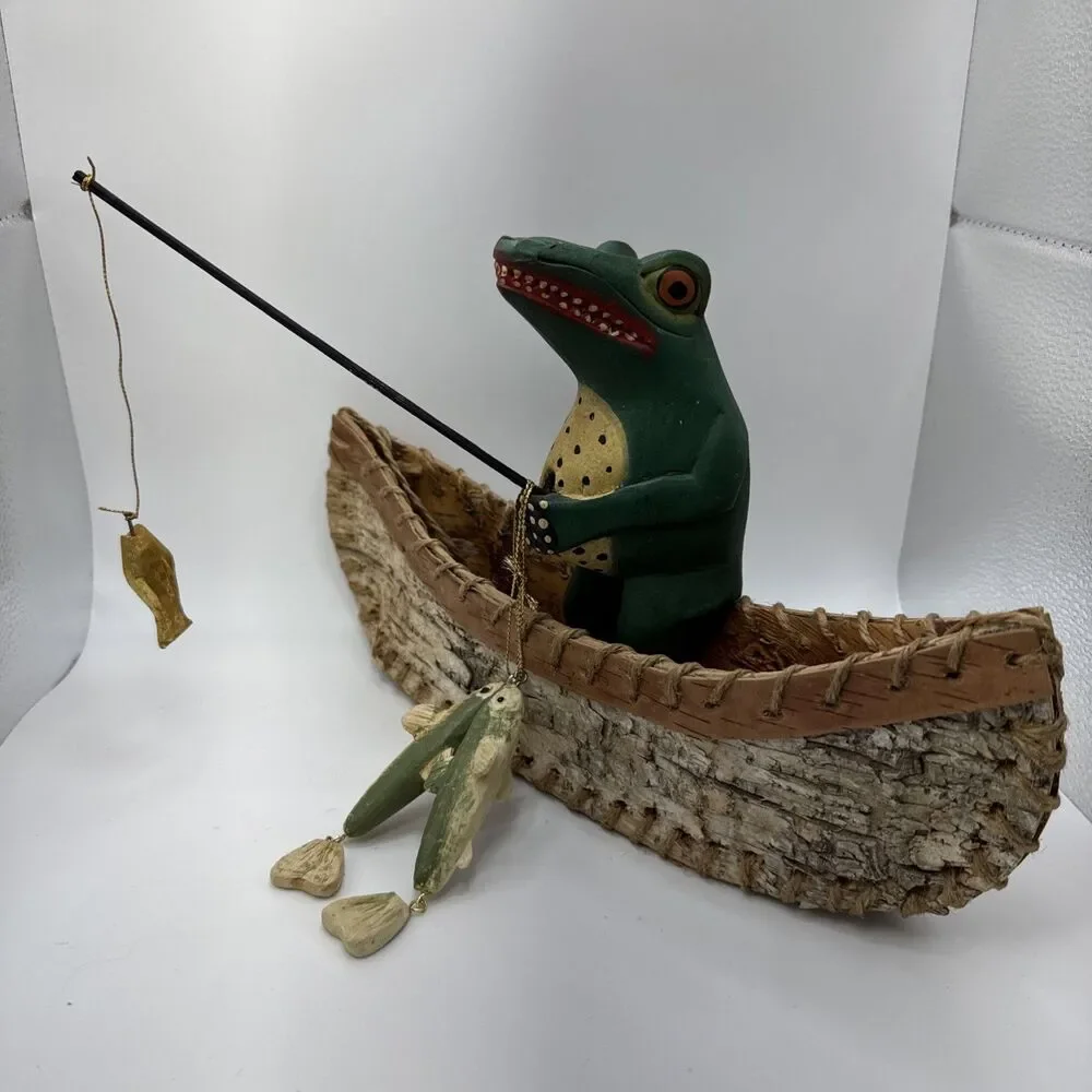 Indonesian Hand Carved Folk Art Alligator VTG Primitive Style Wood W Canoe, Fish